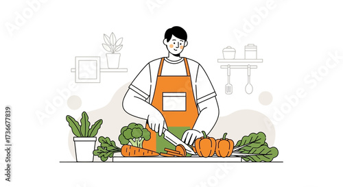 Illustration of a Chef Preparing Fresh Vegetables in a Kitchen Environment