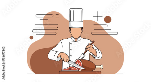 Illustration of a chef cutting meat for cooking in a modern artistic presentation style