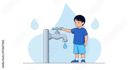 Illustration of a child at a faucet, representing water conservation and hygiene