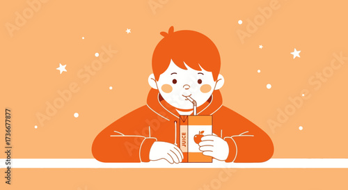 Illustration of a child drinking apple juice from a carton with a straw