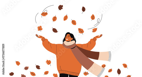 Happy woman enjoying autumn while throwing leaves in the air seasonal illustration