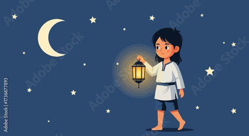 Illustration of a child holding a lantern under the night sky with the moon and stars