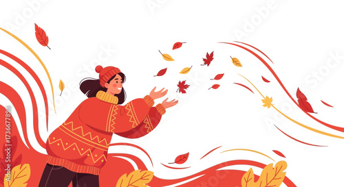 Happy woman enjoying autumn with leaves fluttering in the wind vector illustration