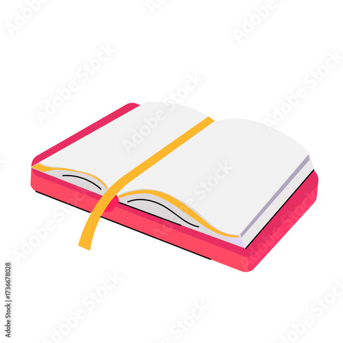 Colorful open book with pink cover and yellow ribbon on a plain background showing potential for reading and learning