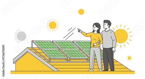 Illustration of a couple examining solar panels on a house roof for sustainable energy options