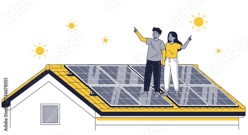 Illustration of a couple examining solar panels on their home roof for sustainability