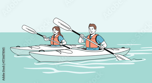 Illustration of a couple kayaking together on a beautiful blue and calm lake