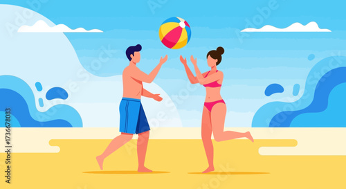 Illustration of a couple playing beach volleyball, enjoying summertime fun at the beach