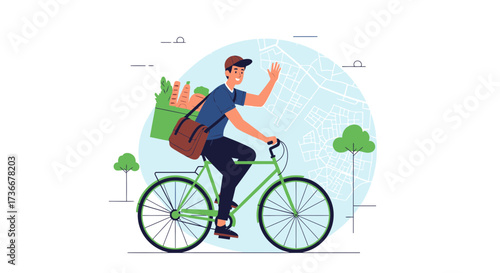 Illustration of a delivery man on a bicycle with groceries, waving to the viewer