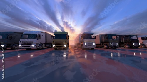 A row of big rig trucks during sun rise. 3D Rendering.
A fleet of modern semi-trucks with trailers lined up in a parking area at dusk or dawn.
Different big rig semi trucks tractors with semi trailers