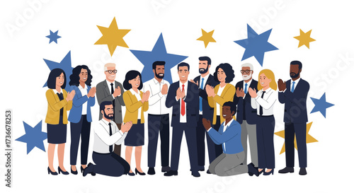 Illustration of a diverse business team celebrating an achievement together with stars