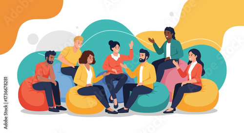 Illustration of a diverse group of people sitting and talking in a informal circle for interaction