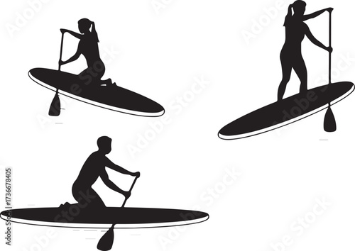Paddleboarding silhouttee vector on white background