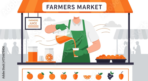 Illustration of a farmers market vendor pouring orange juice into a cup for customers