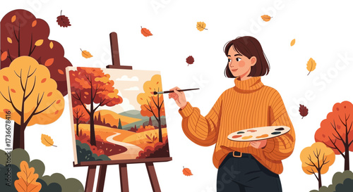 Illustration of a female artist painting an autumn landscape scene, art and nature