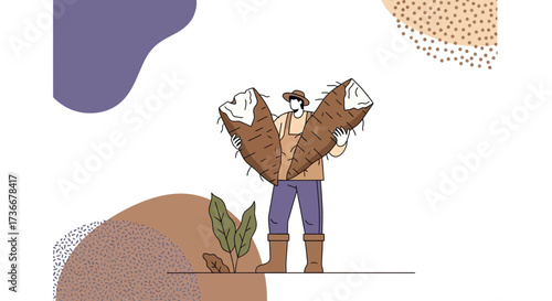 Illustration of a farmer with harvested cassava, agricultural industry, and food concept