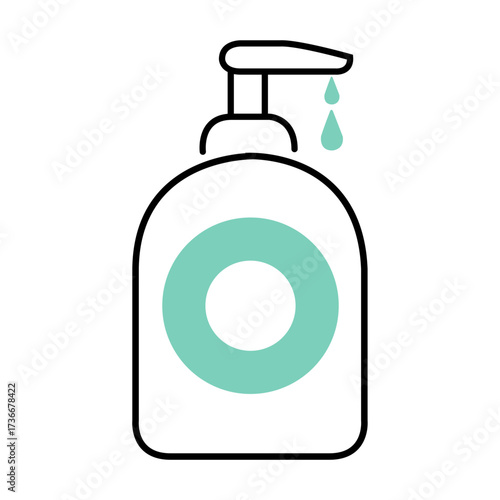 Hand soap dispenser with a pump design and a droplet of liquid, representing hygiene and cleanliness in daily routines