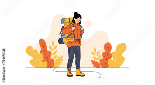 Illustration of a Female Hiker Preparing for a Journey with a Backpack in Nature
