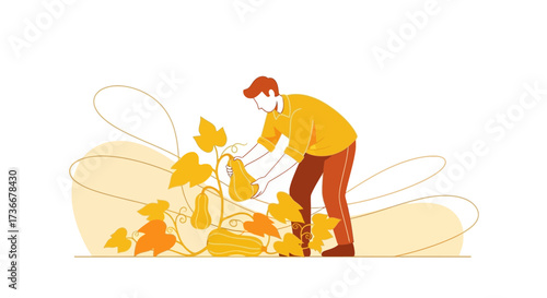 Harvest Time: A Farmer Gathering Pumpkins In A Minimalist And Colourful Illustration