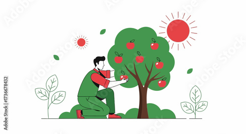 Illustration of a farmer harvesting apples from a tree under the summer sun