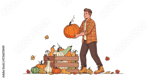 Harvest Season Illustration: Man Carrying a Pumpkin for Fall Festival Celebration