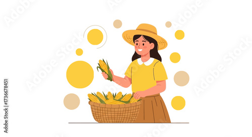 Harvest Time: Illustrative Depiction Of Bountiful Corn And Farmer's Fresh Food Gathering