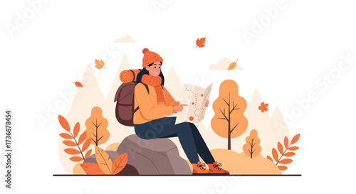 Illustration of a female hiker sitting on a rock and looking at a map in nature