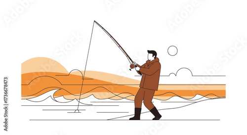 Illustration of a fisherman fishing in the sea, vector art style