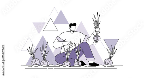 Harvesting Onions: A Minimalist Line Art Illustration Of Farmwork and Agriculture