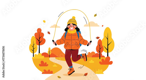 Illustration of a girl jumping rope in a park during autumn season, health lifestyle