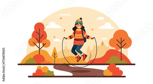 Illustration of a Girl Jumping Rope Outdoors in an Autumnal Scenic Environment