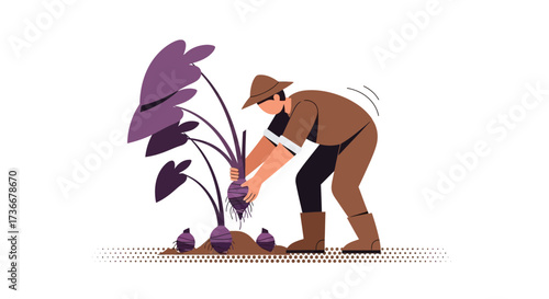 Harvesting Root Vegetables: A Manual Labor Depiction of a Farmer on a White Background