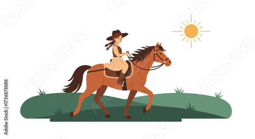 Illustration of a girl riding a horse in a sunny landscape perfect for various uses