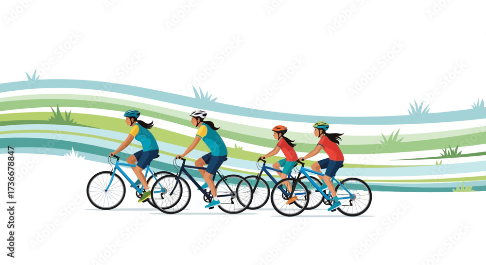 Obraz premium Illustration of a group of people riding bicycles with a green background in an active lifestyle