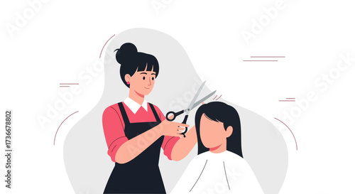 Illustration of a hairdresser cutting a customer's hair in a beauty salon setting
