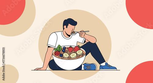 Healthy Breakfast: A Man Enjoying Oatmeal and Fruit For Optimal Wellness and Energy