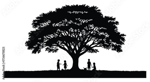 Silhouette of a large sprawling tree with a family standing beneath its branches and leaves