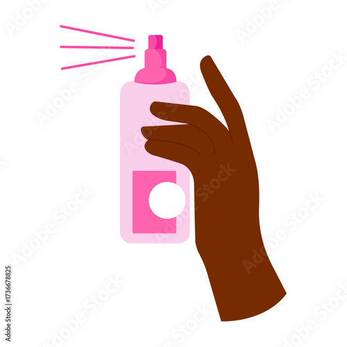 Hand holding a spray bottle filled with a pink liquid, demonstrating a beauty or cleaning product in action