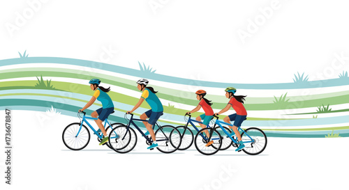 Illustration of a group of people riding bicycles with a green background in an active lifestyle