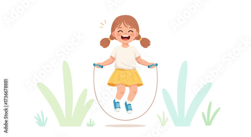 Illustration of a happy girl jumping rope outdoors in a green environment