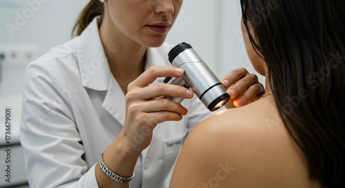 Dermatologist Examining Patients Skin with Dermatoscope for Moles