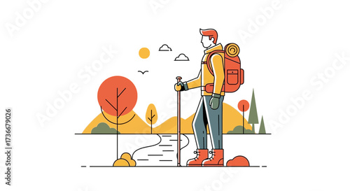 Illustration of a hiker in nature with a backpack carrying gear hiking in the mountains