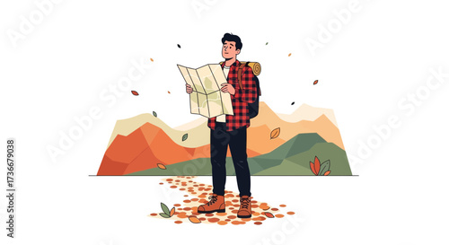 Illustration of a hiker looking at a map while exploring a mountainous landscape