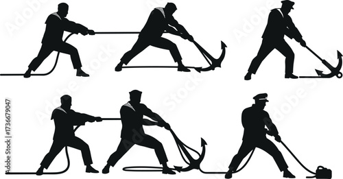 Sailor silhouette, naval worker, anchor hauling, maritime labor, rope pulling, naval teamwork, ship crew, anchor securing, sailor uniform, sea operation