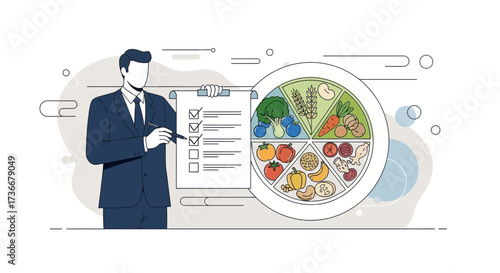 Healthy eating plan illustration with a man showing a balanced diet on a plate