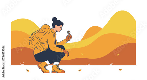 Illustration of a hiker observing a flower during an autumn hike in the mountains