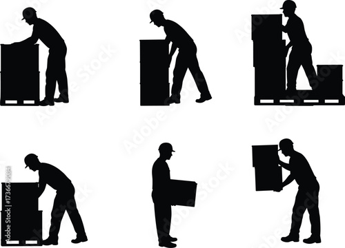 Box lifting silhouette, manual handling, posture variation, pallet stacking, ergonomic study, warehouse safety, worker motion, logistics task, vector icon, industrial action