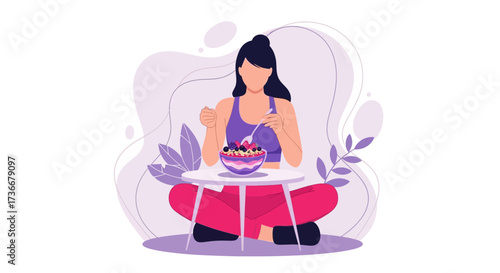 Healthy Lifestyle: A Young Woman Enjoying A Nutritious Fruit Bowl in Peaceful Meditation