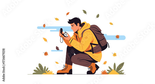 Illustration of a hiker using a compass while exploring the outdoors in autumn