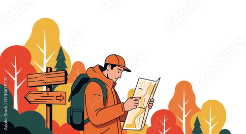 Illustration of a hiker with a map and backpack on a forest trail ready to explore